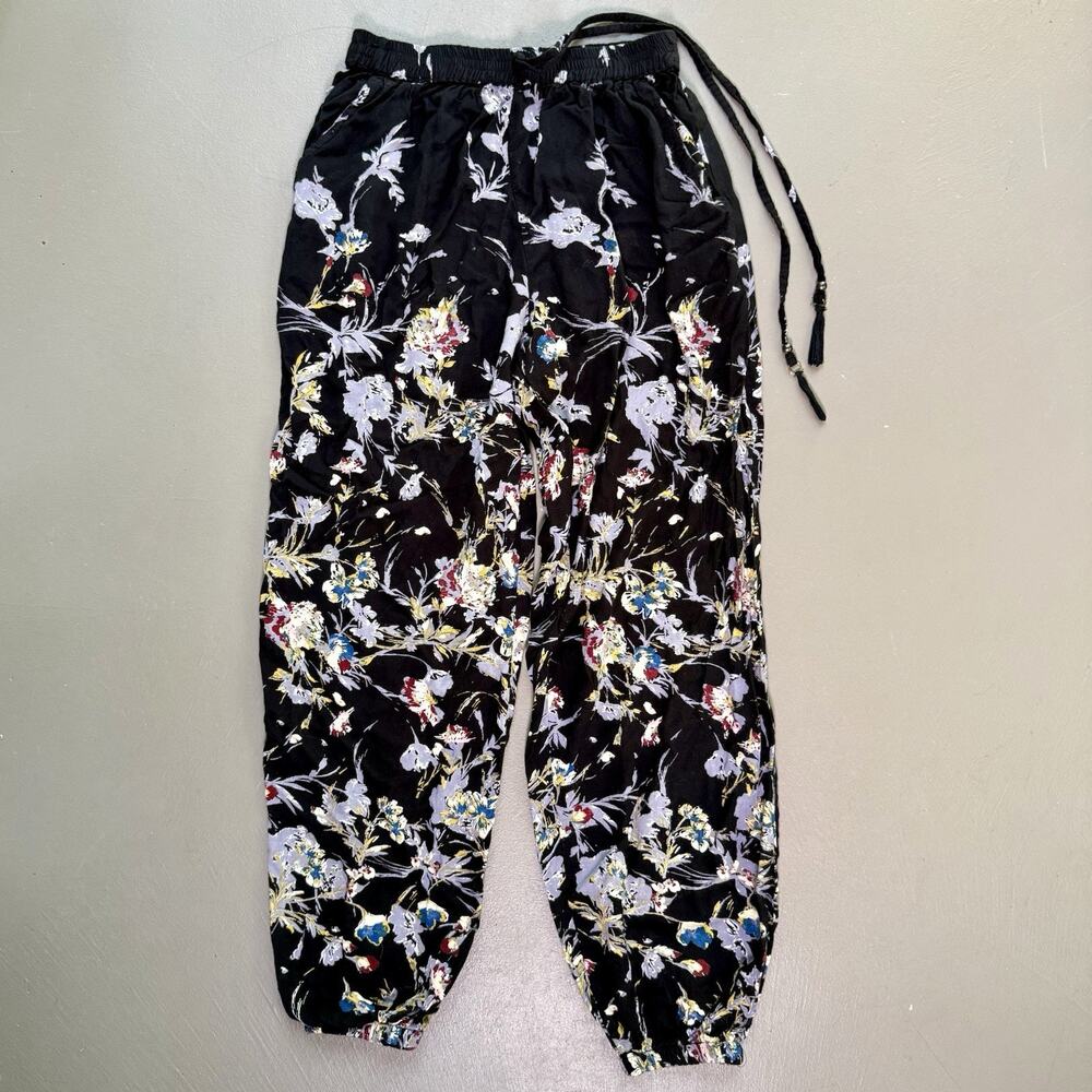 Angie Harem Pants Approx SMALL Travel Black Floral Boho Pull On Pockets